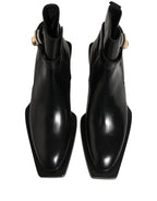 Dolce & Gabbana Black Leather DG Plaque Ankle Boots Shoes