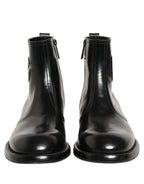 Dolce & Gabbana Black Leather Embossed Logo Ankle Boots Shoes
