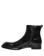 Dolce & Gabbana Black Leather Embossed Logo Ankle Boots Shoes