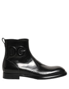 Dolce & Gabbana Black Leather Embossed Logo Ankle Boots Shoes