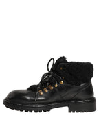 Dolce & Gabbana Black Trekking Fur Lace Leather Boots Shoes