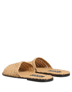 Dolce & Gabbana Beige Straw Raffia Slides Sandals Flats Shoes