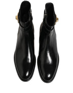 Dolce & Gabbana Black Leather Logo Buckle Mid Calf Boots Shoes
