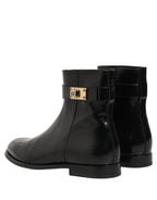 Dolce & Gabbana Black Leather Logo Buckle Mid Calf Boots Shoes