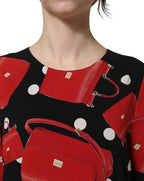 Dolce & Gabbana Black Handbag Print Long Sleeve Midi Dress