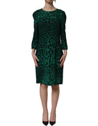 Dolce & Gabbana Green Leopard Print Silk Knee Length Dress