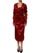 Dolce & Gabbana Red Silk Satin Draped Midi Floral Applique Dress