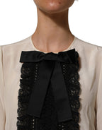 Dolce & Gabbana Beige Lace Trim Bow Short Sleeves Blouse Top