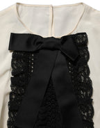Dolce & Gabbana Beige Lace Trim Bow Short Sleeves Blouse Top