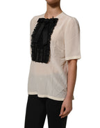 Dolce & Gabbana Beige Lace Trim Bow Short Sleeves Blouse Top