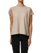 PINK MEMORIES Beige Cotton Lace Detailing Round Neck Top