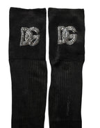 Dolce & Gabbana Black DG Logo Rhinestones Stretch Thigh High Socks
