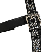 Dolce & Gabbana Black Leather Rhinestones Embellished Men Suspender