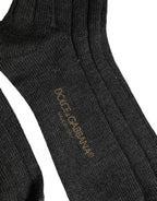 Dolce & Gabbana Dark Gray Wool Logo Calf Long Ribbed Accessory Socks