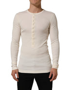 Dolce & Gabbana Off White Cotton Henley Long Sleeves T-shirt