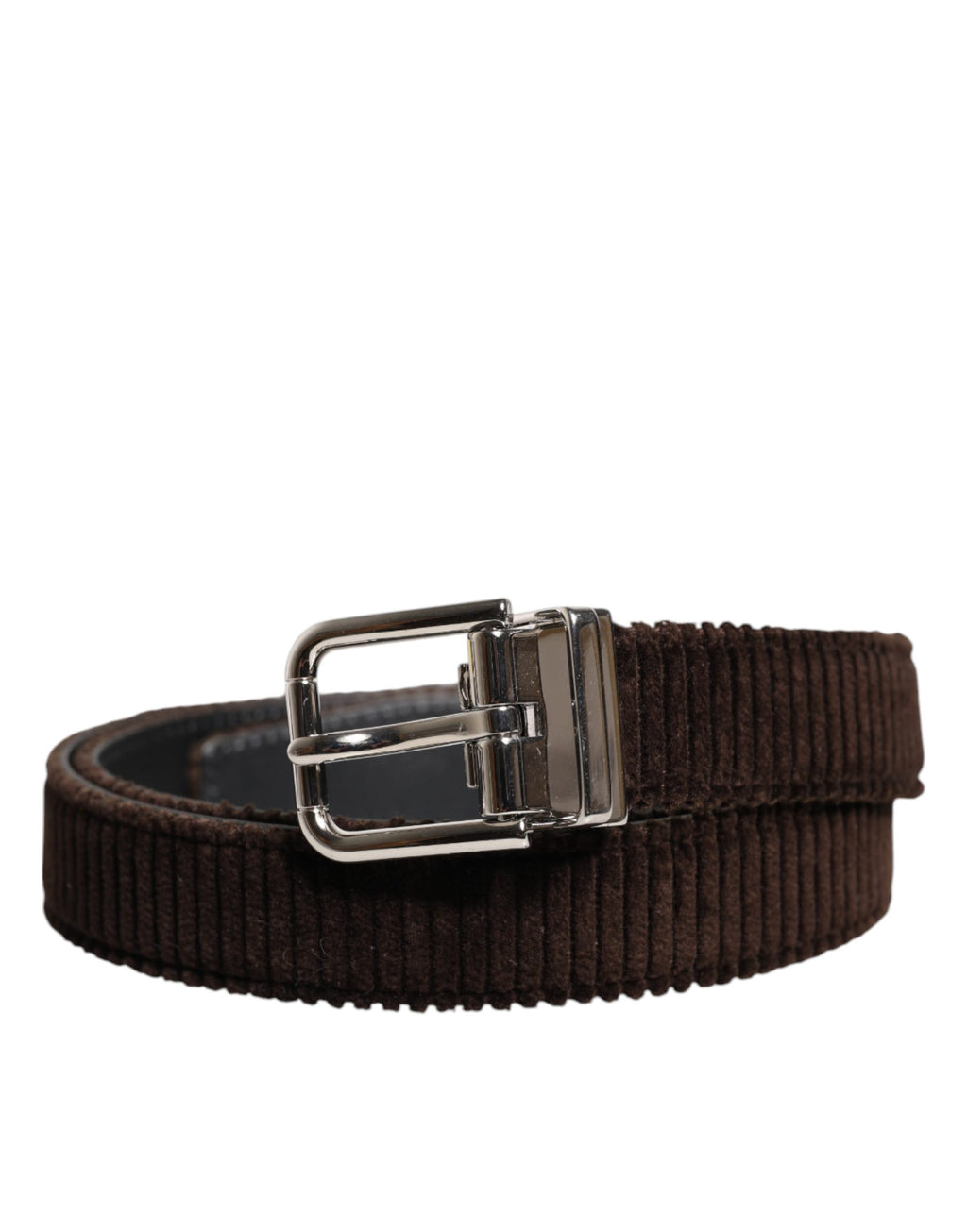 Dolce & Gabbana Men Brown Velvet Ridged Silver Buckle Belt