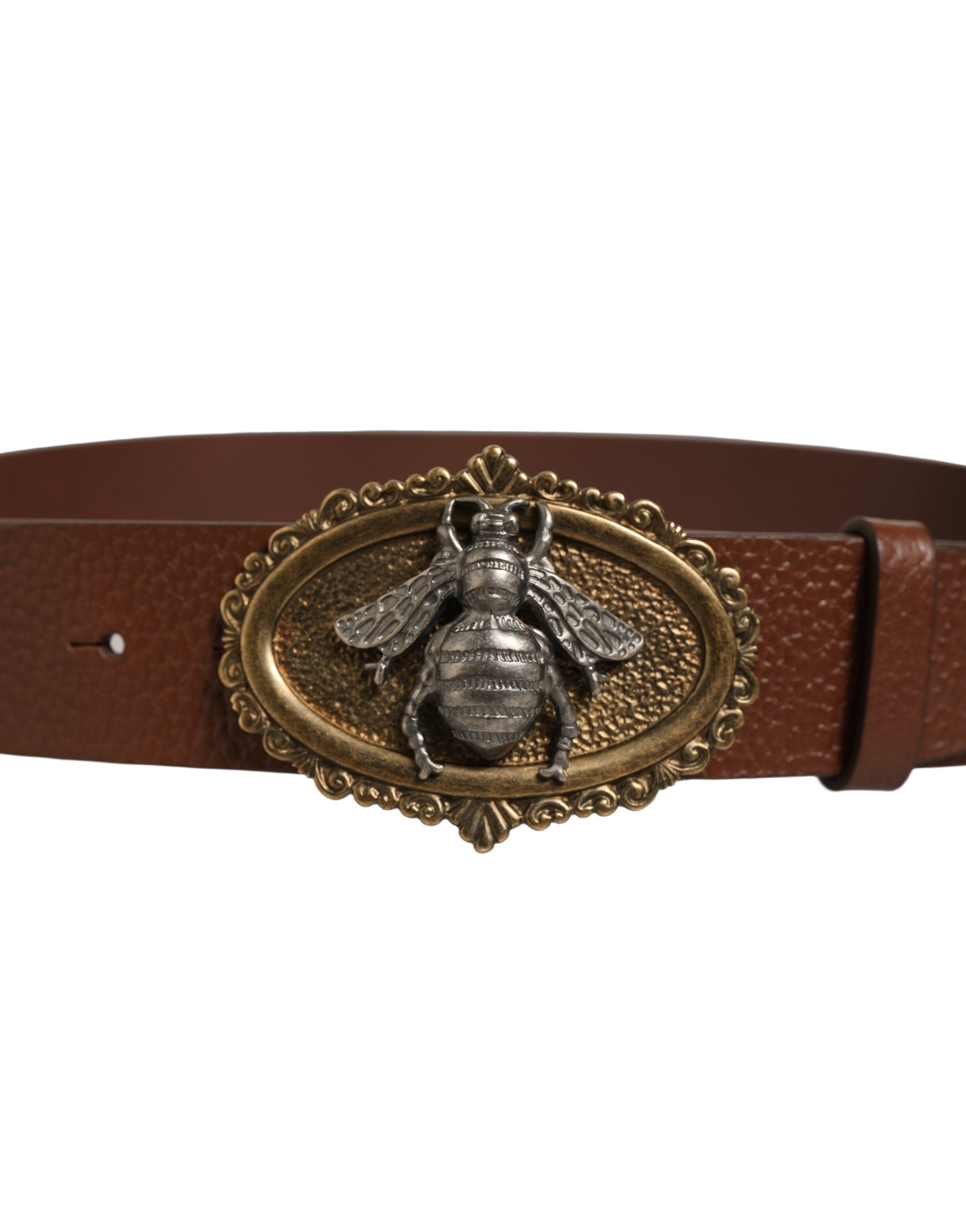 Dolce & Gabbana Brown Leather Bee Accent Metal Buckle Belt
