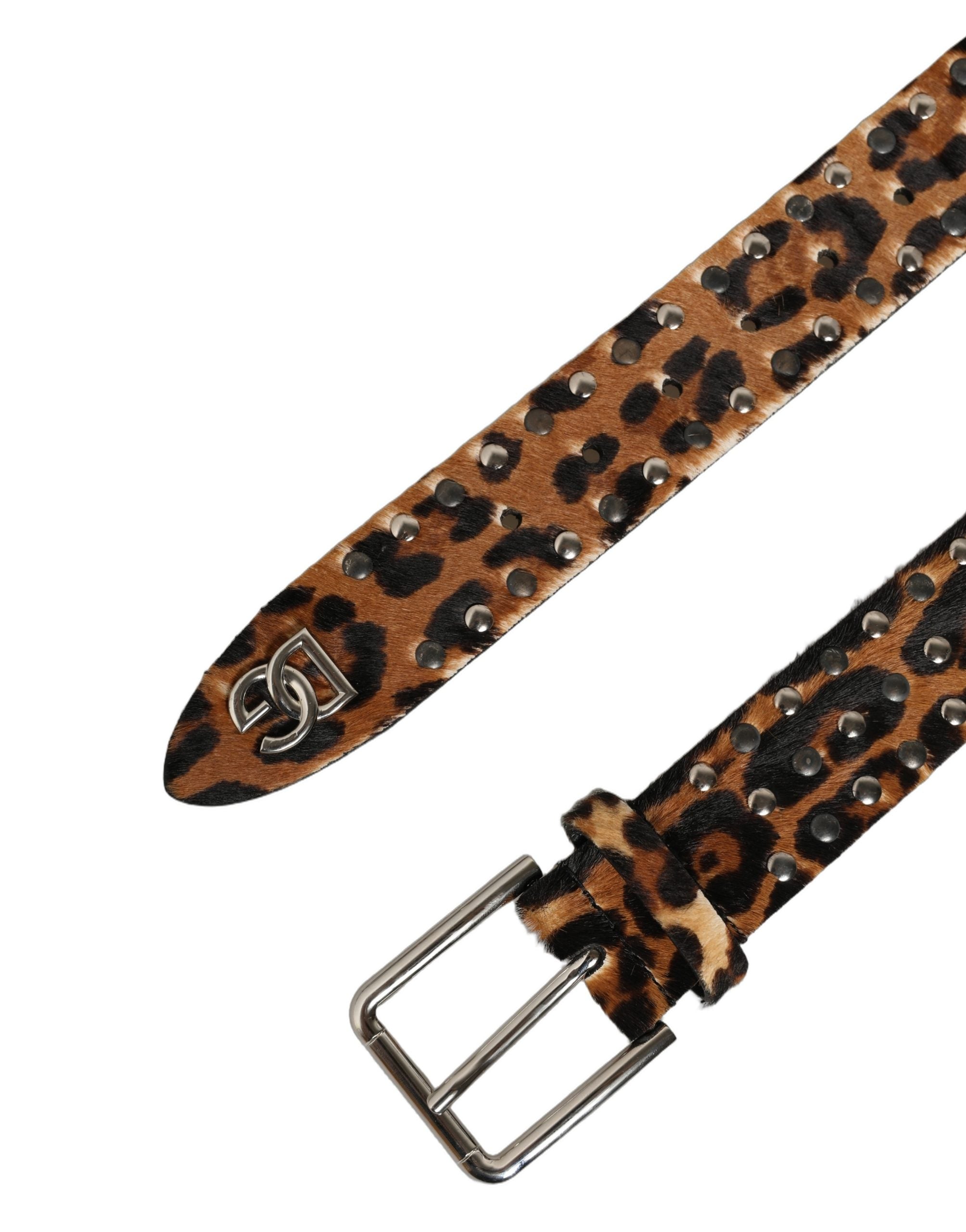 Dolce & Gabbana Brown Leopard Calf Hair Studs Metal Buckle Belt