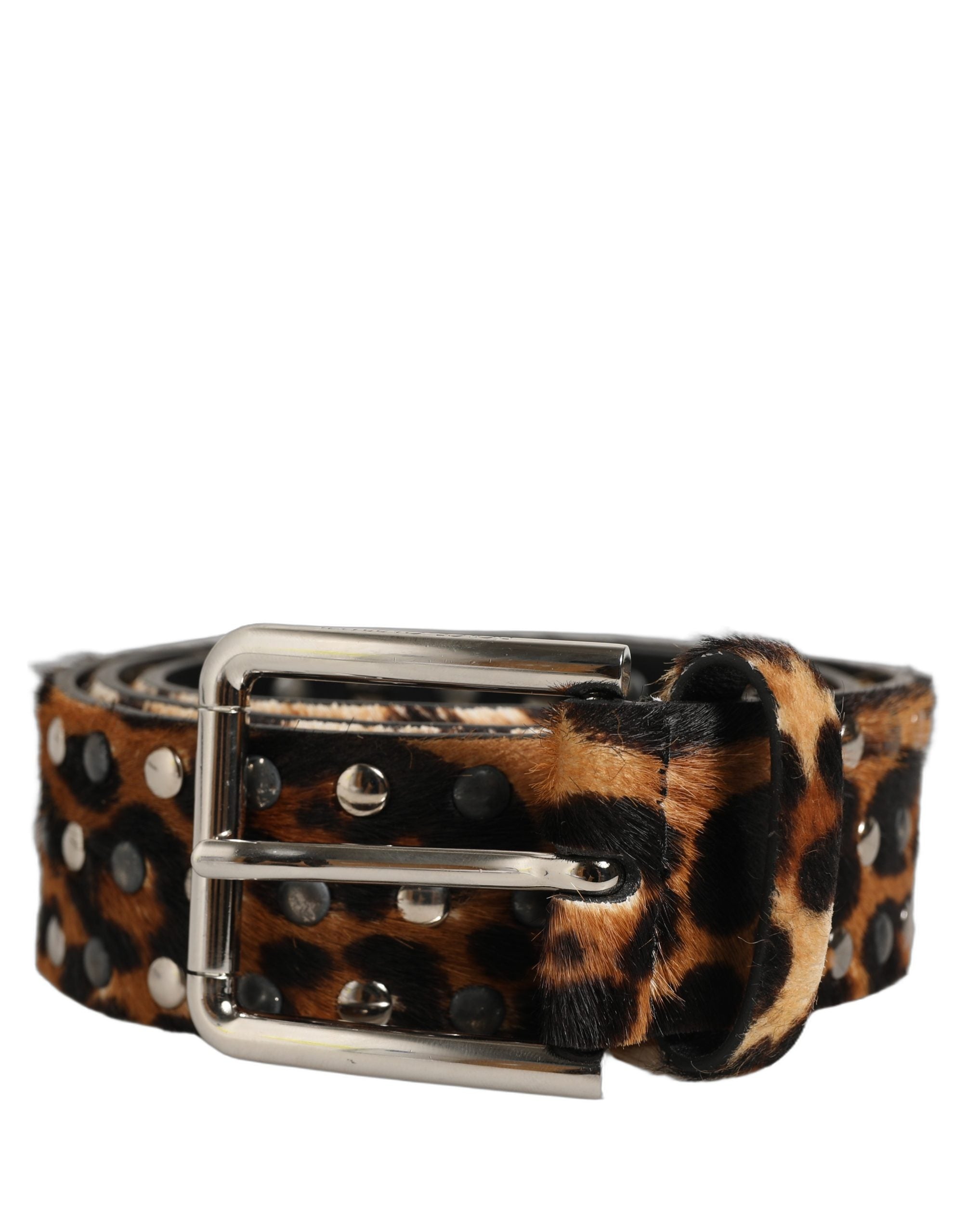 Dolce & Gabbana Brown Leopard Calf Hair Studs Metal Buckle Belt