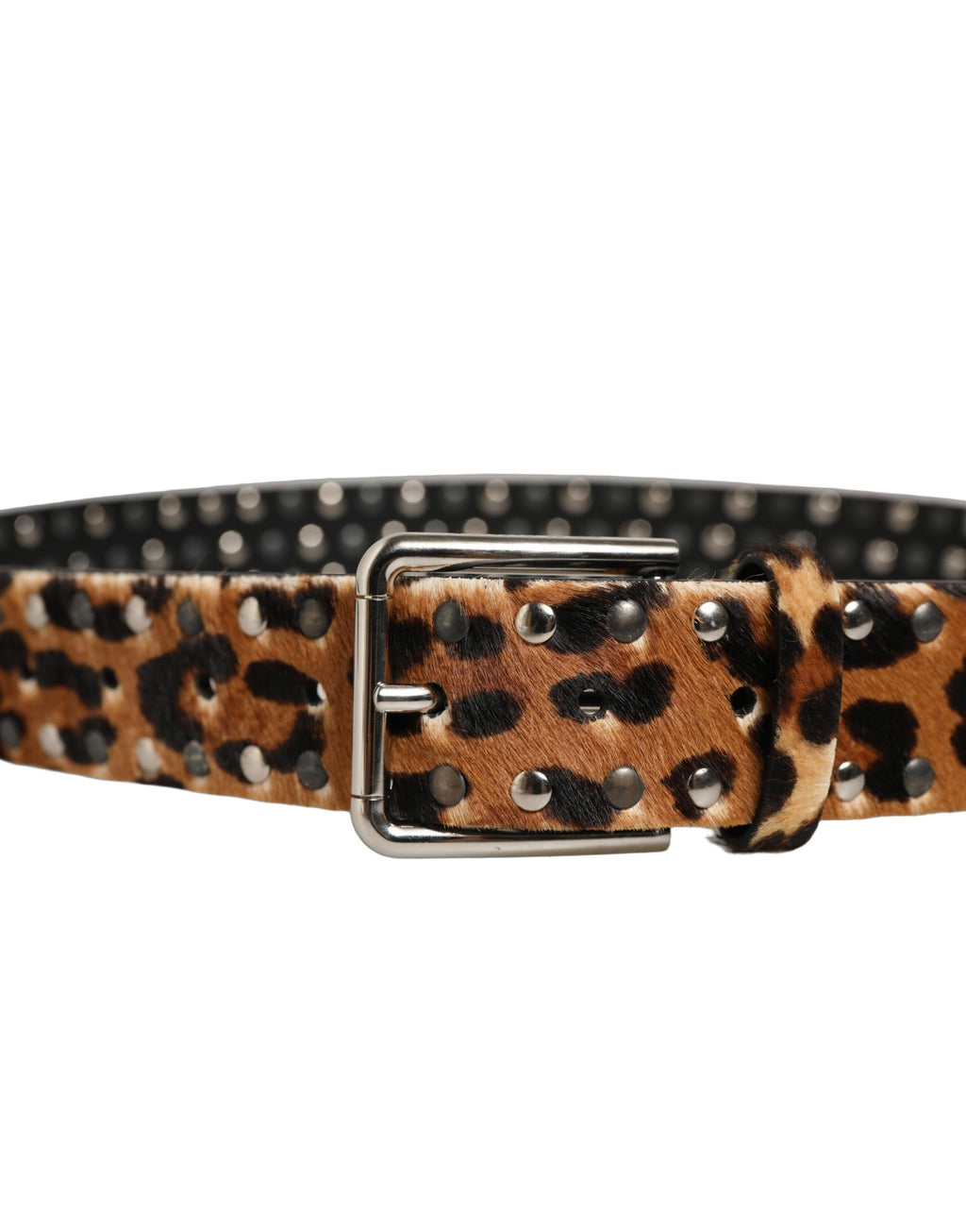 Dolce & Gabbana Brown Leopard Calf Hair Studs Metal Buckle Belt