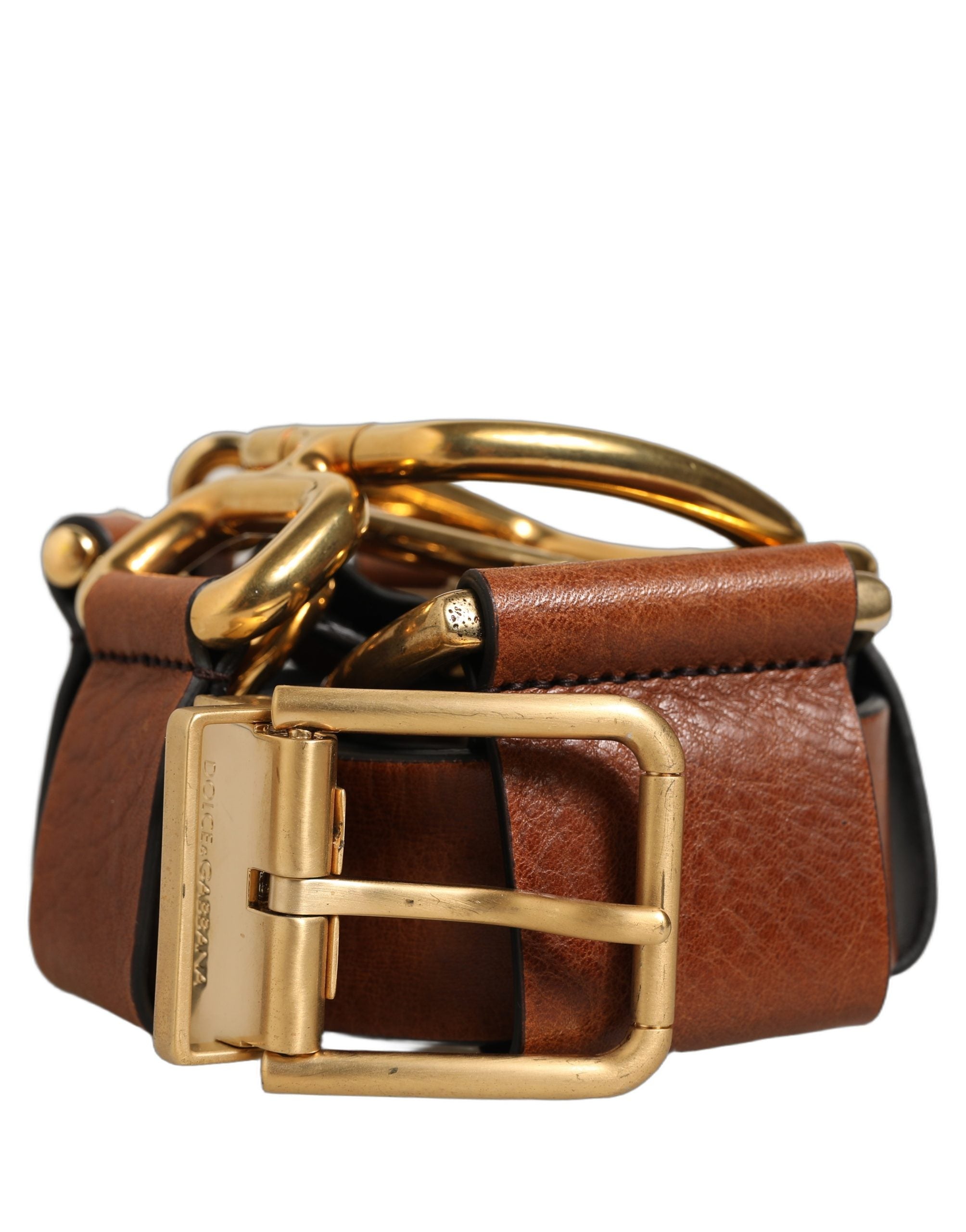 Dolce & Gabbana Brown Leather Gold Metal Rings Buckle Belt