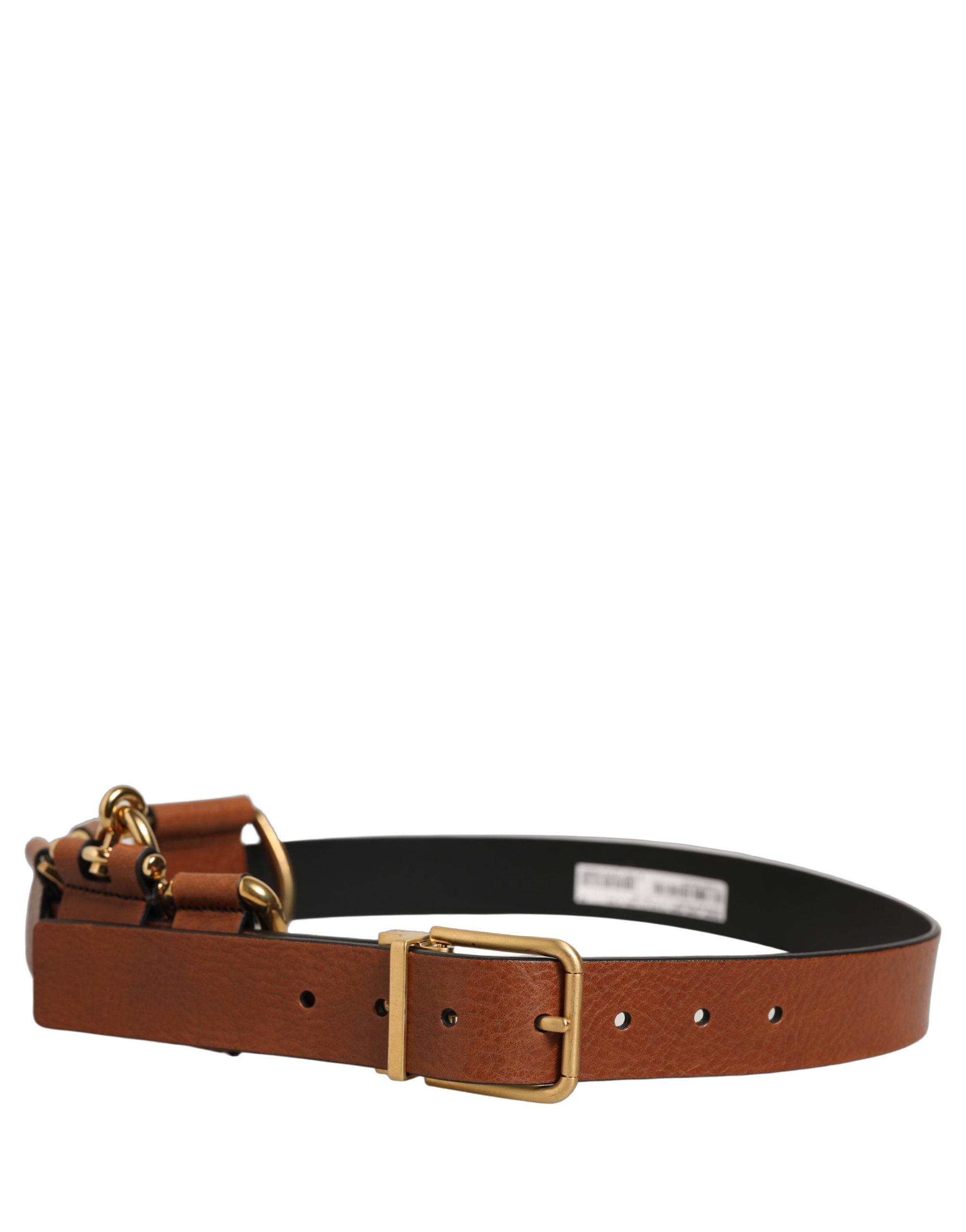 Dolce & Gabbana Brown Leather Gold Metal Rings Buckle Belt