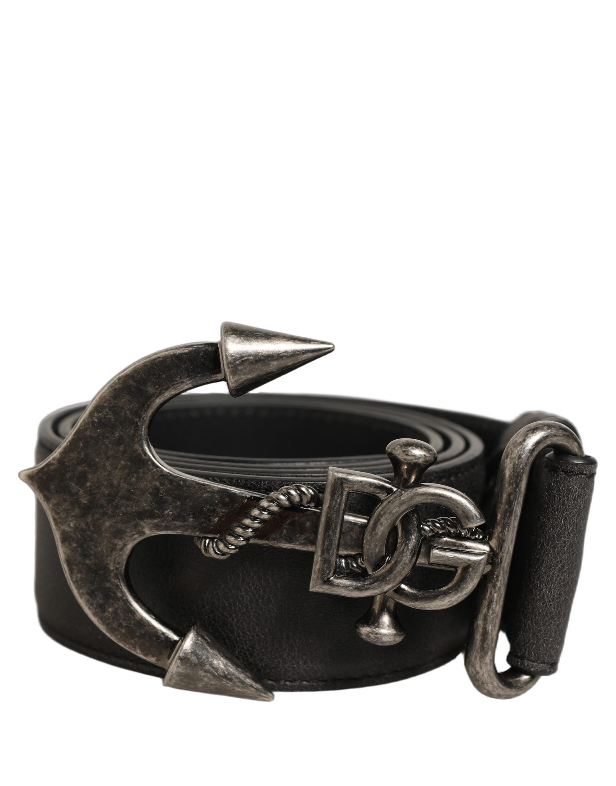 Dolce & Gabbana Black Leather Anchor Logo Metal Buckle Belt