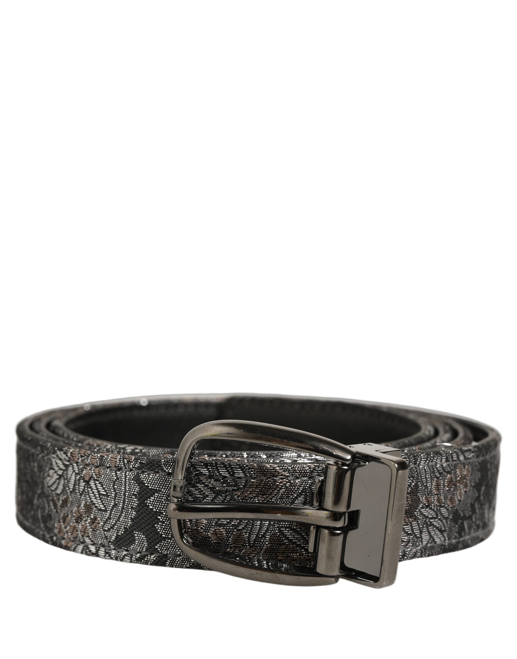 Dolce & Gabbana Silver Black Floral Jacquard Metal Buckle Belt