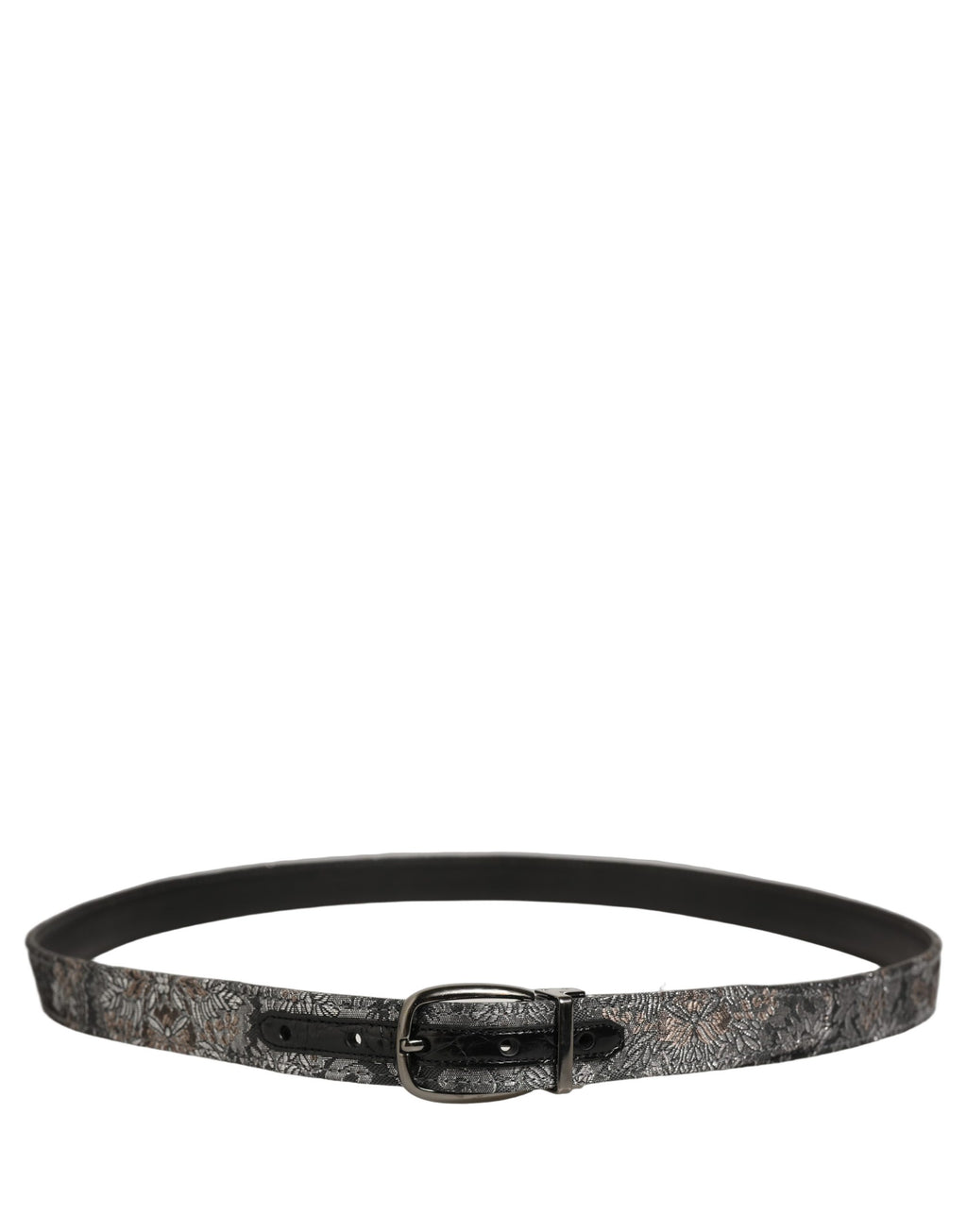 Dolce & Gabbana Silver Black Floral Jacquard Metal Buckle Belt
