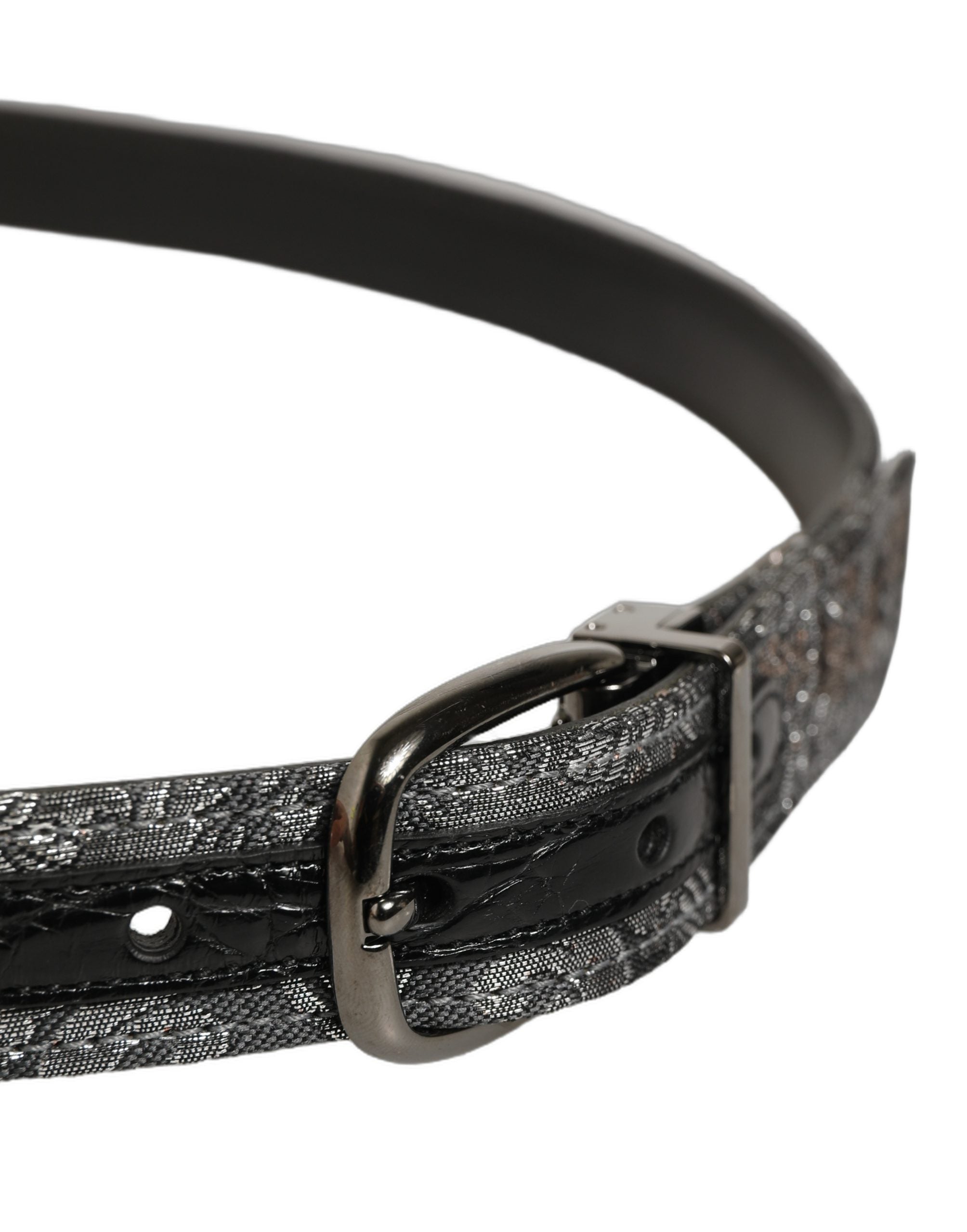 Dolce & Gabbana Silver Black Floral Jacquard Metal Buckle Belt