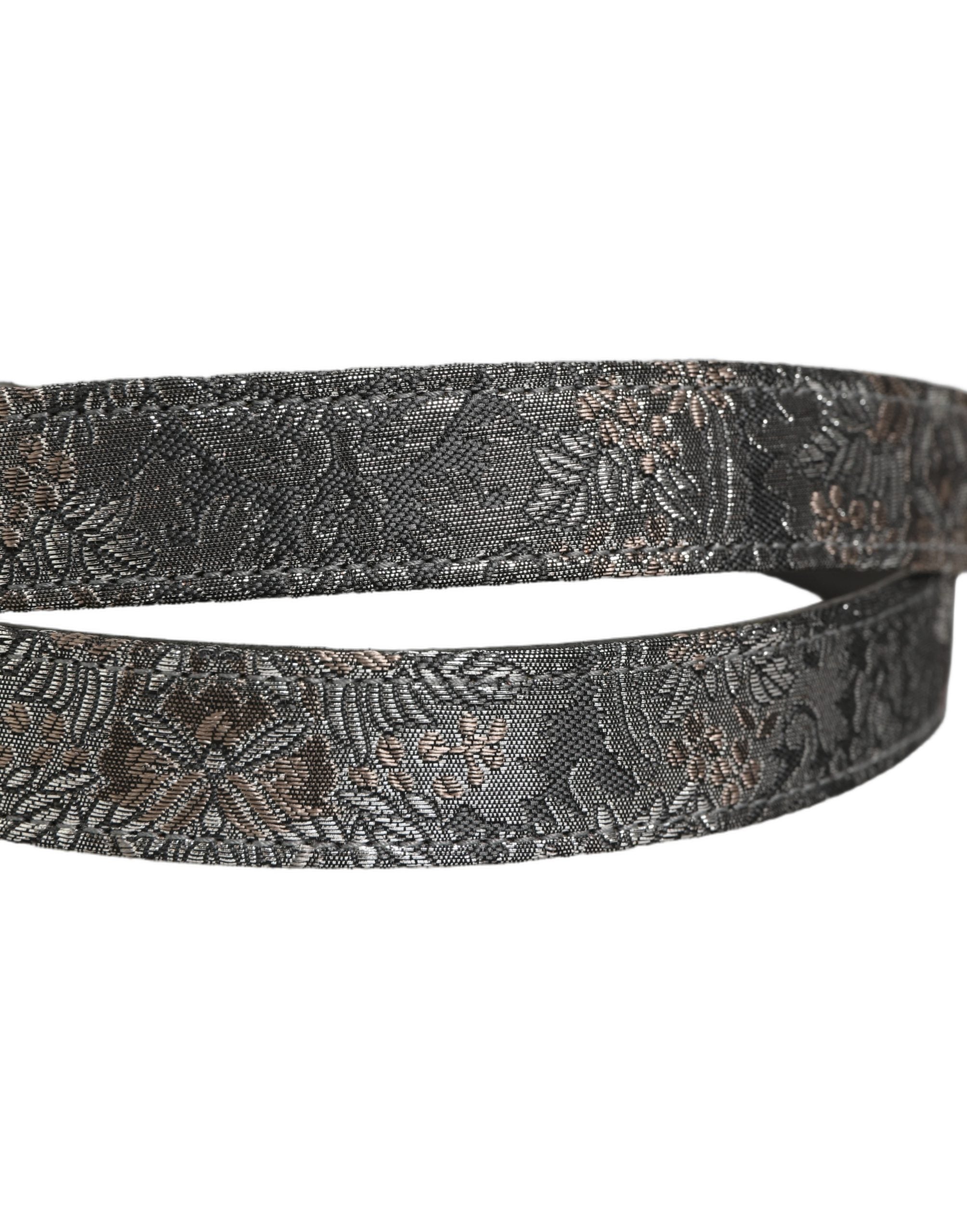 Dolce & Gabbana Silver Black Floral Jacquard Metal Buckle Belt