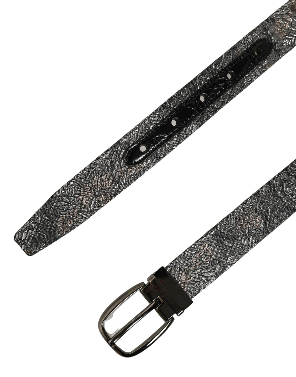 Dolce & Gabbana Silver Black Floral Jacquard Metal Buckle Belt