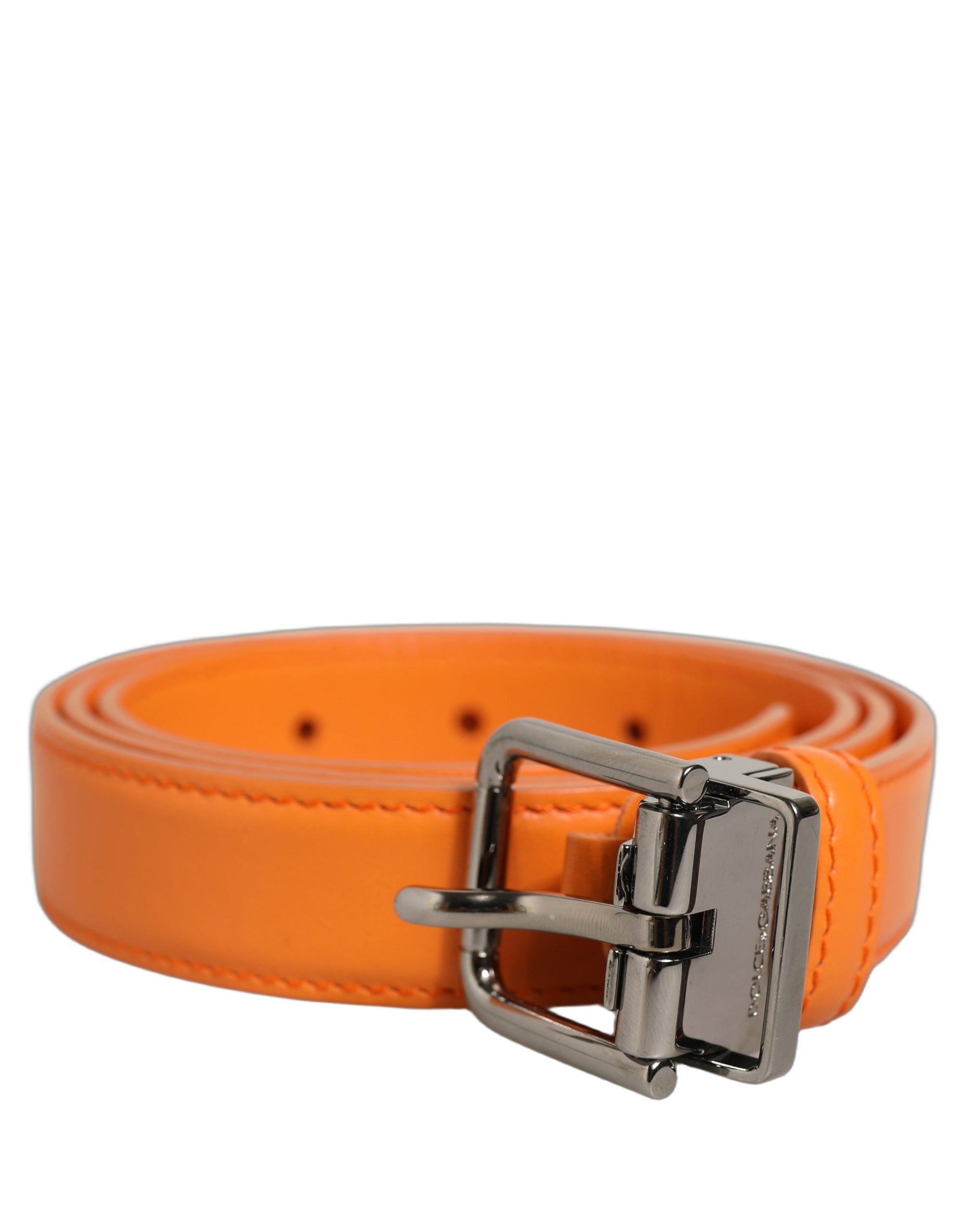 Dolce & Gabbana Orange Leather Silver Tone Metal Buckle Belt