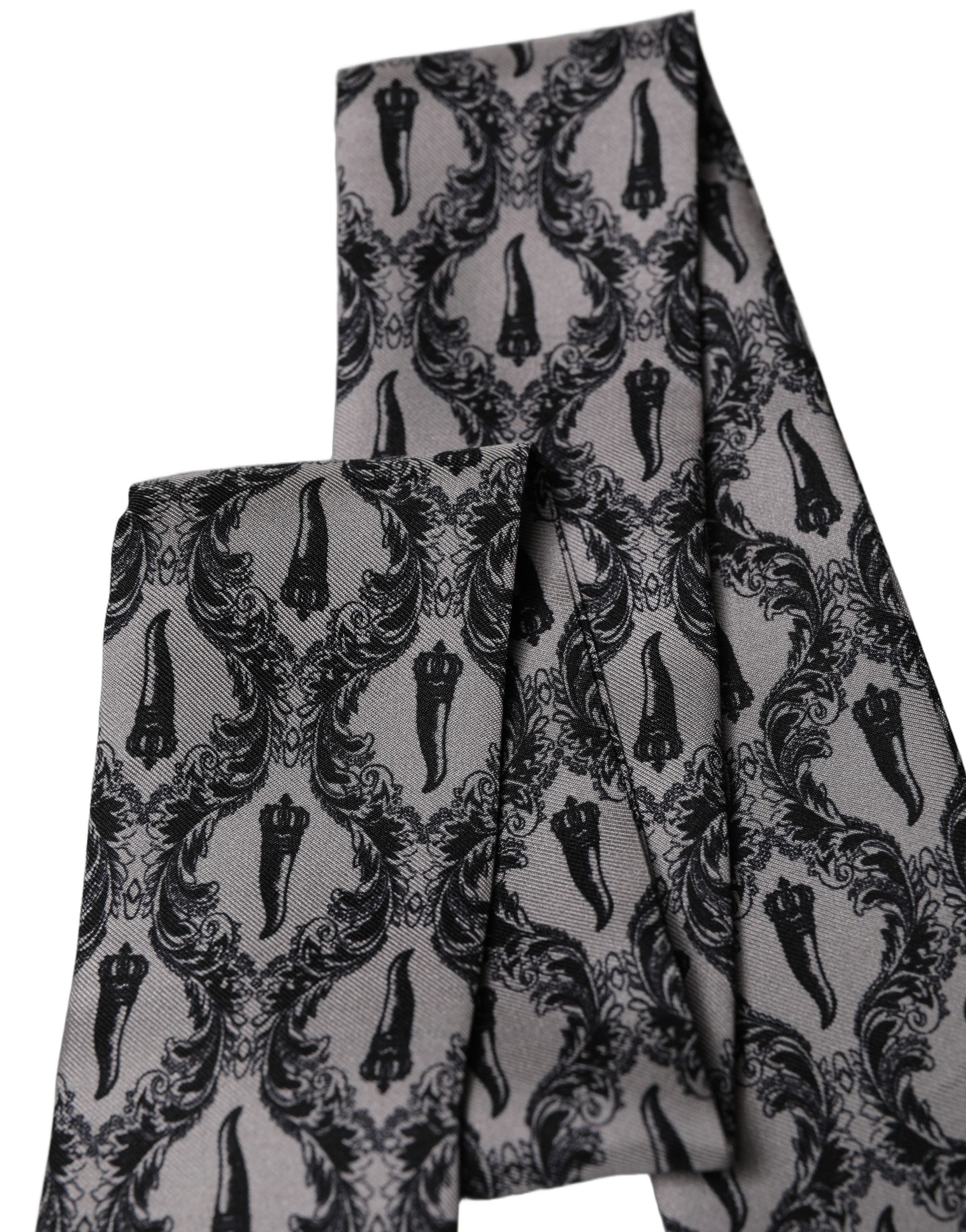 Dolce & Gabbana Gray Baroque Silk Fringed Skinny Foulard Scarf