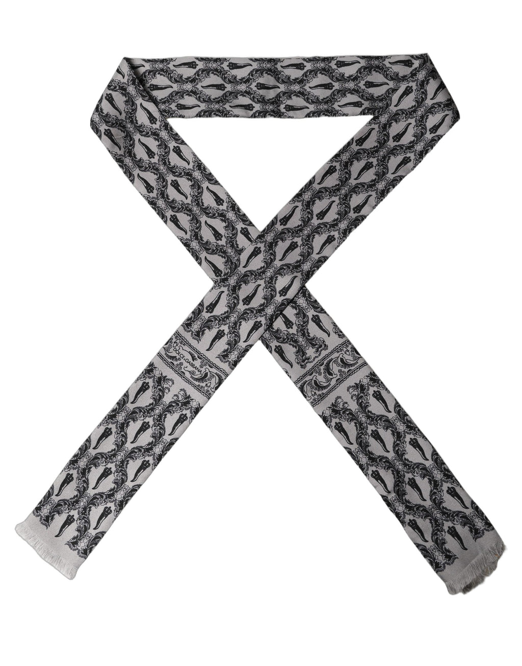 Dolce & Gabbana Gray Baroque Silk Fringed Skinny Foulard Scarf