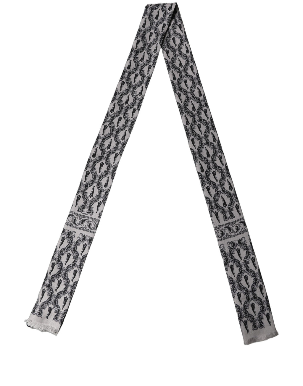 Dolce & Gabbana Gray Baroque Silk Fringed Skinny Foulard Scarf