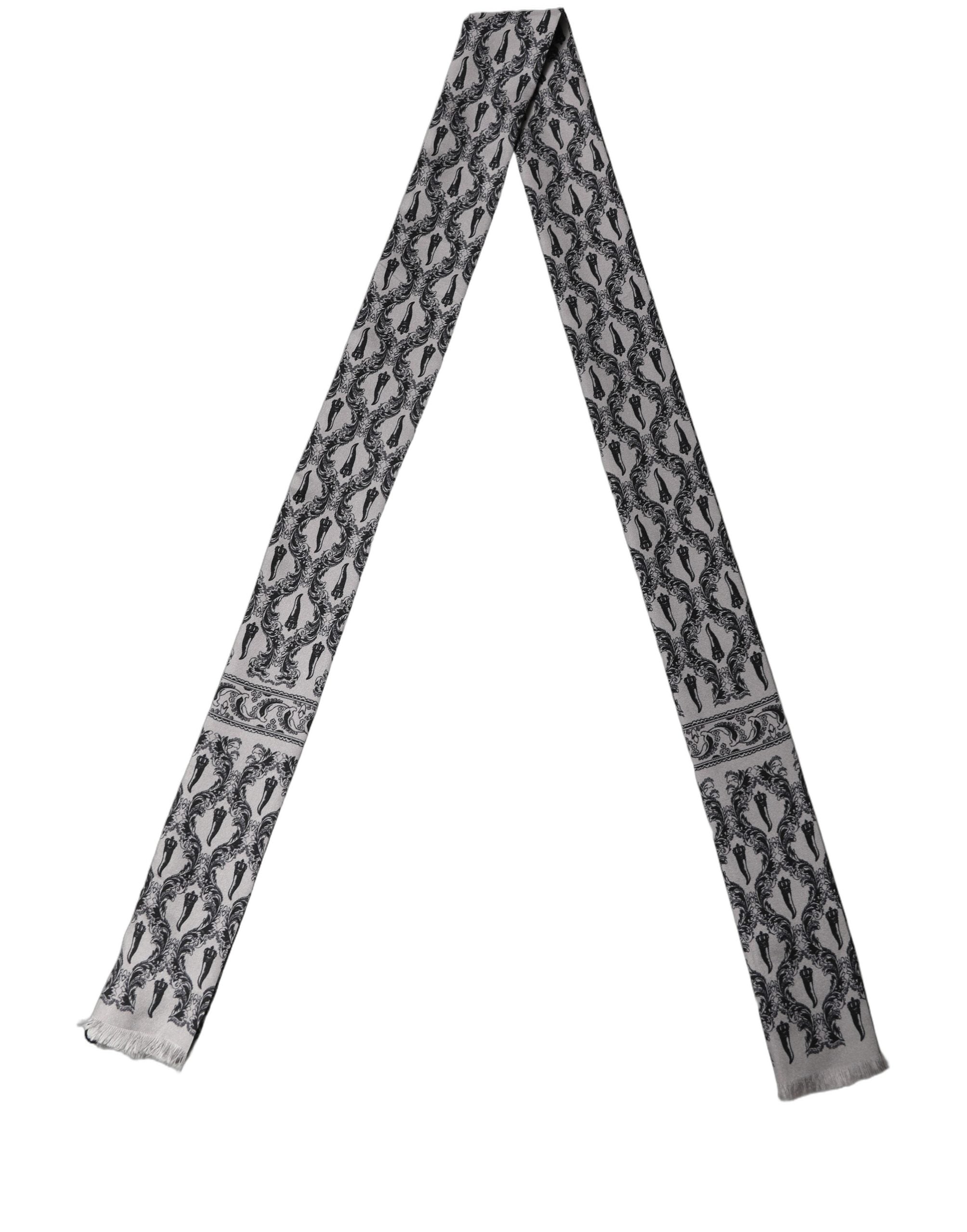 Dolce & Gabbana Gray Baroque Silk Fringed Skinny Foulard Scarf