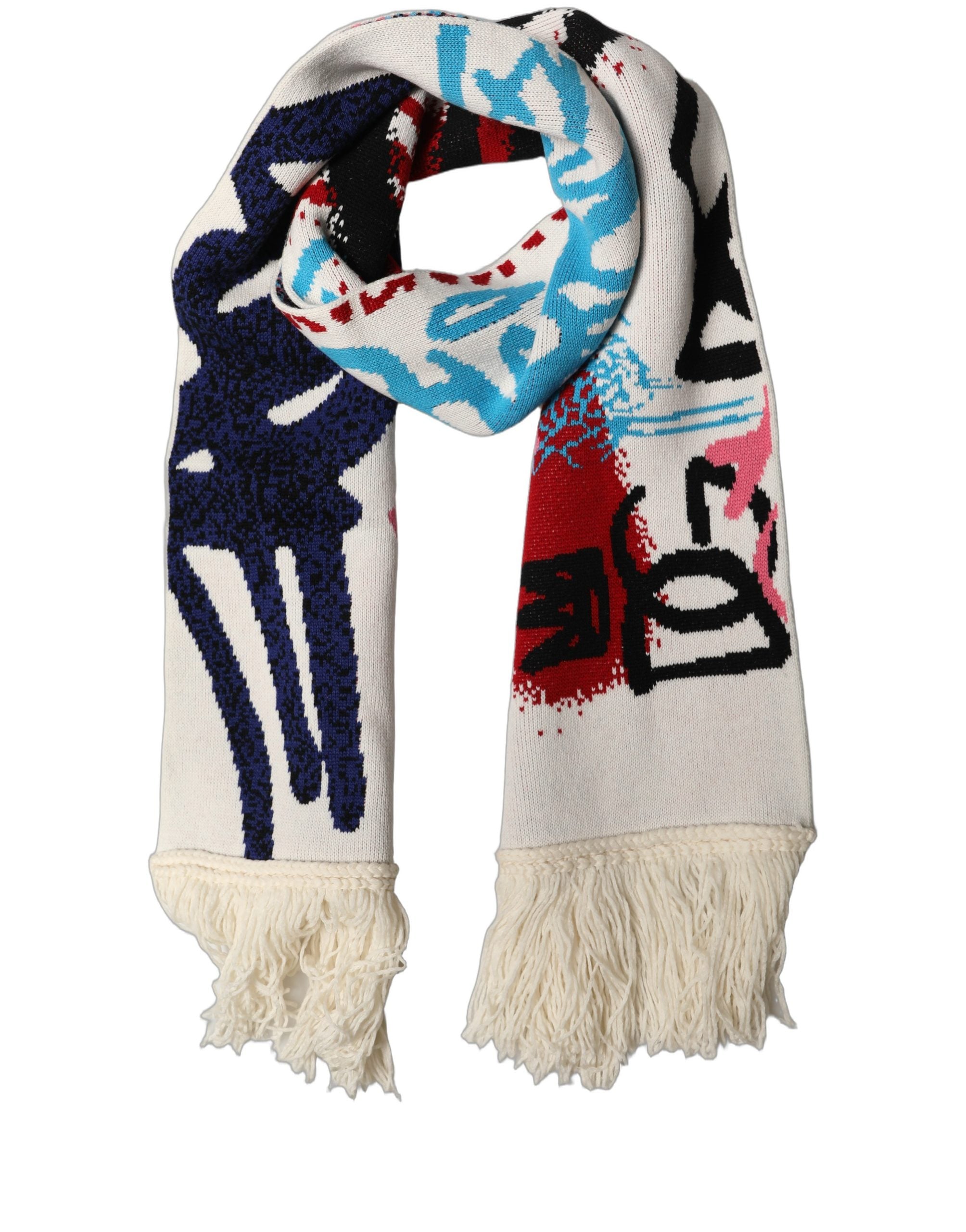 Dolce & Gabbana White Graphic Cashmere Fringed Shawl Scarf