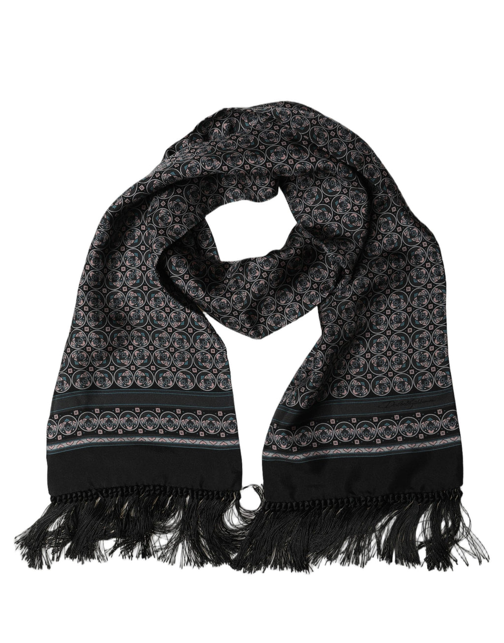 Dolce & Gabbana Black Silk Geometric Fringed Neck Shawl Scarf