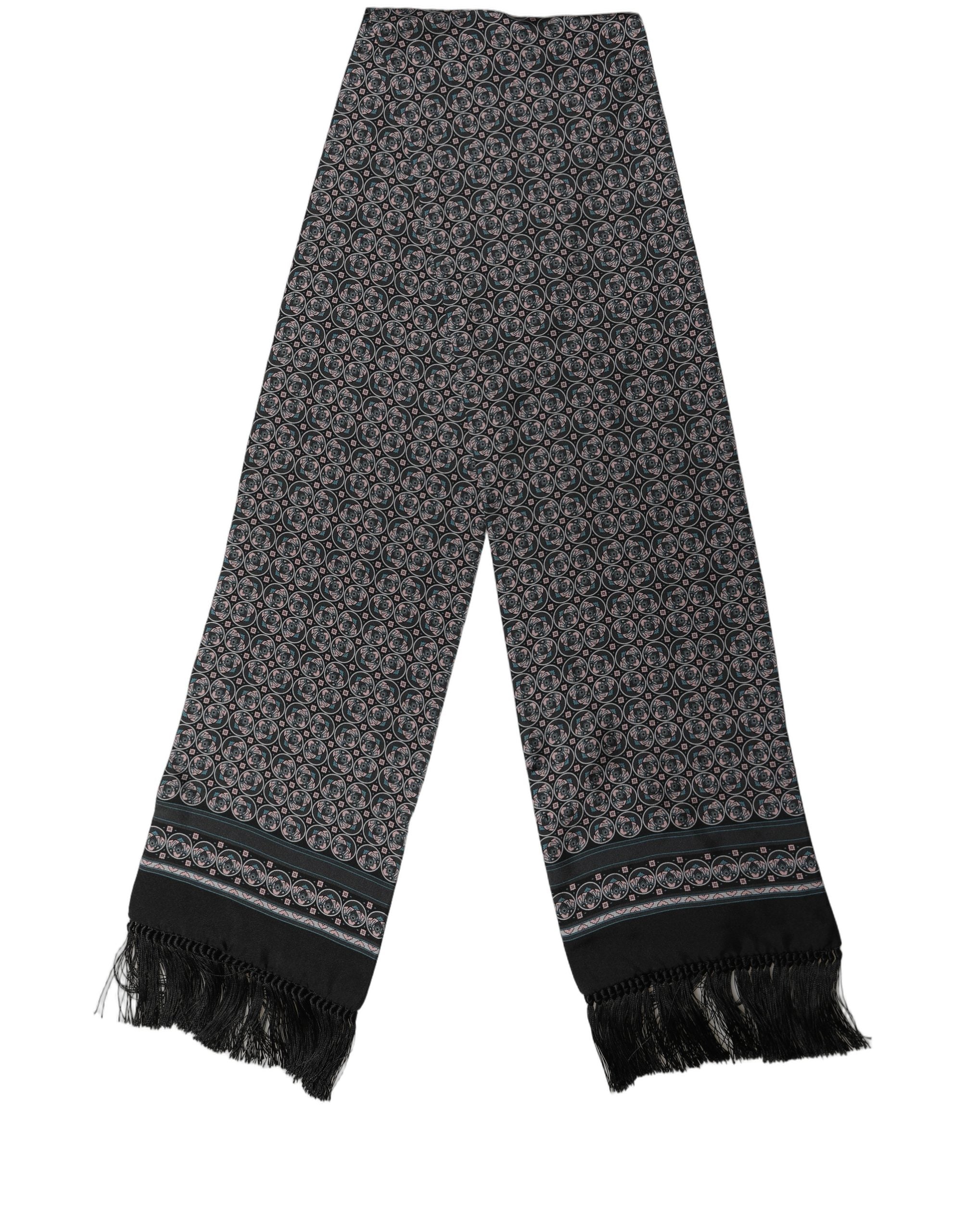 Dolce & Gabbana Black Silk Geometric Fringed Neck Shawl Scarf