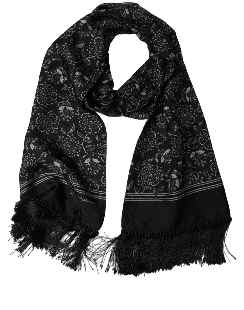Dolce & Gabbana Black Silk Floral Paisley Fringed Shawl Scarf
