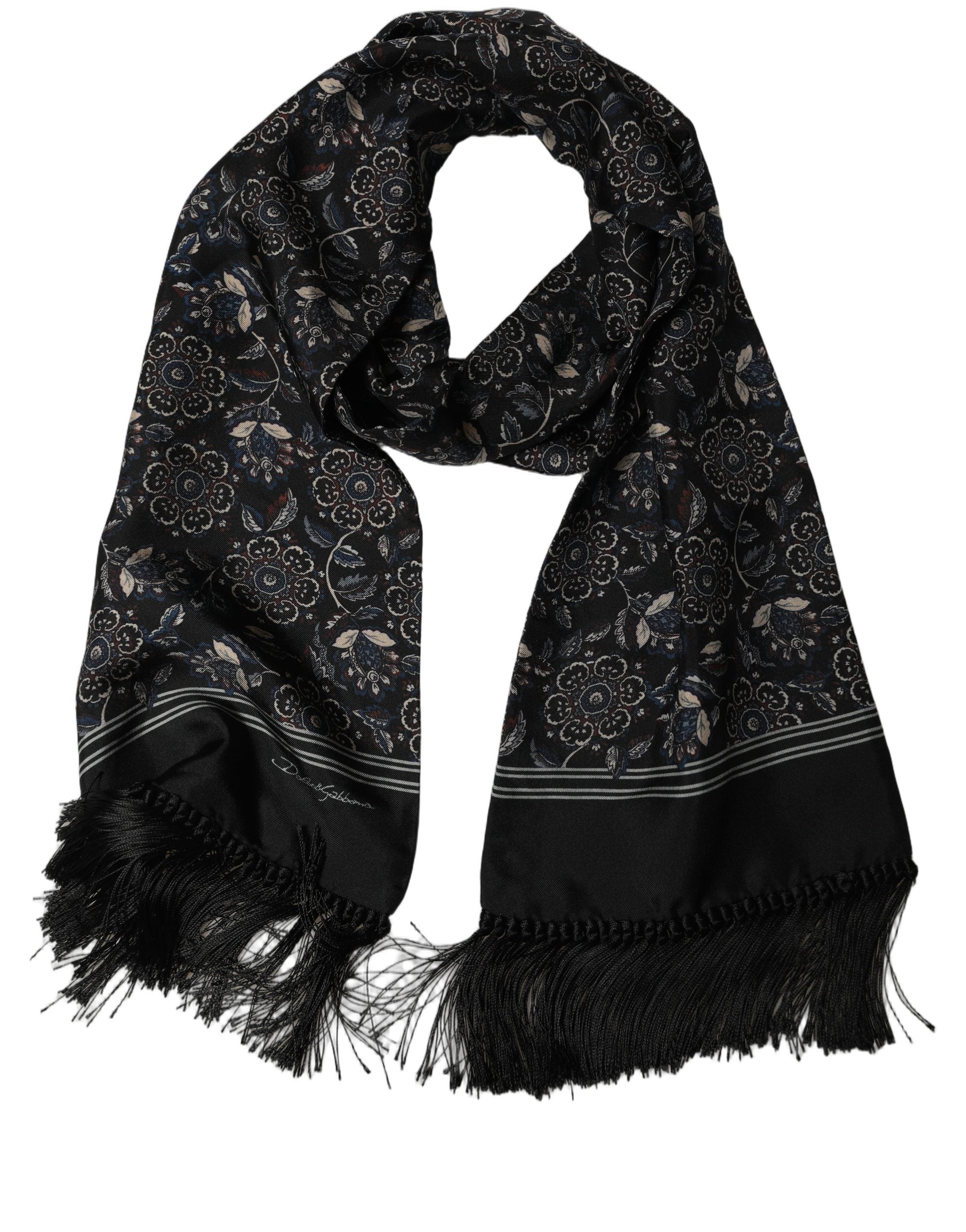 Dolce & Gabbana Black Silk Floral Paisley Fringed Shawl Scarf