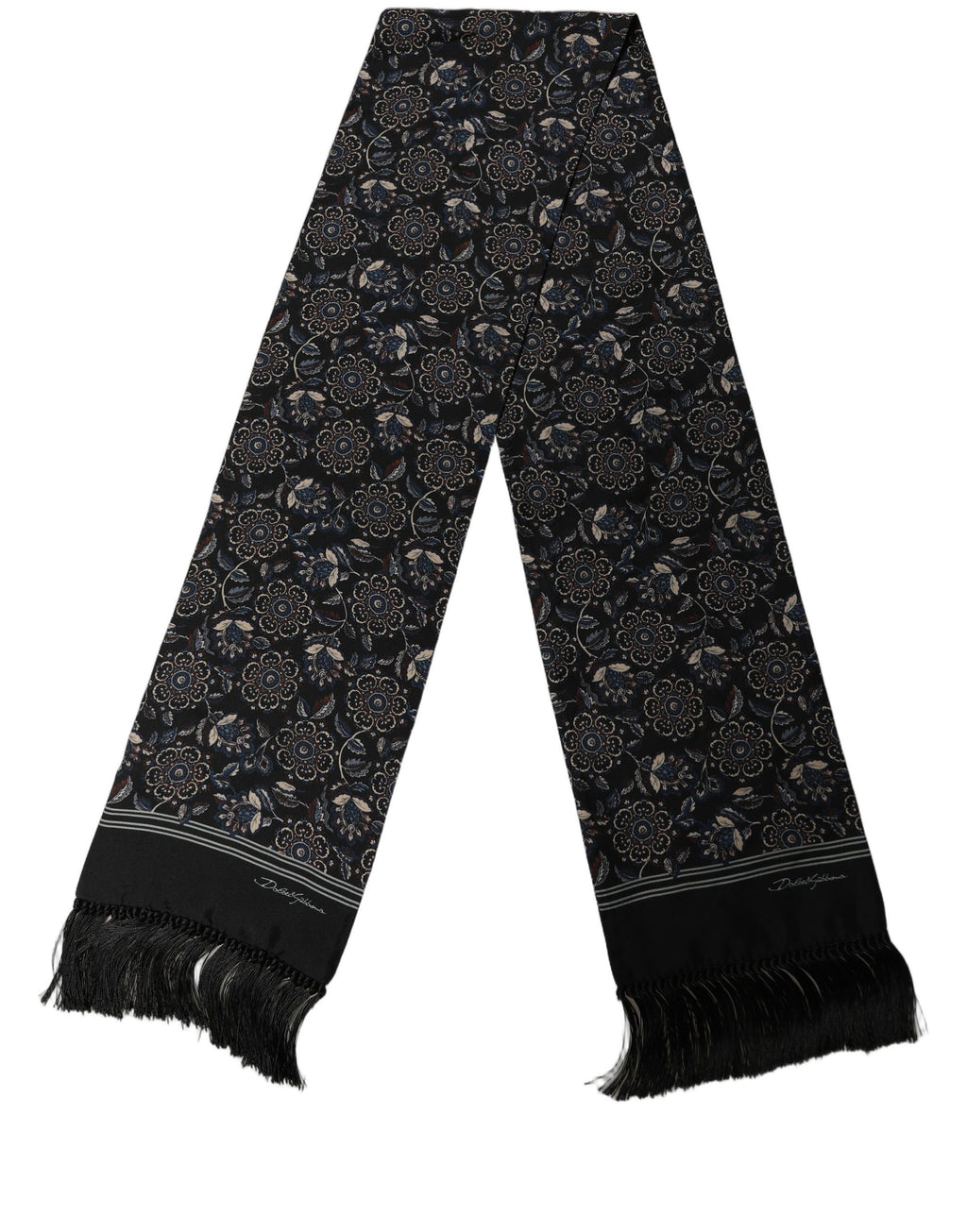 Dolce & Gabbana Black Silk Floral Paisley Fringed Shawl Scarf