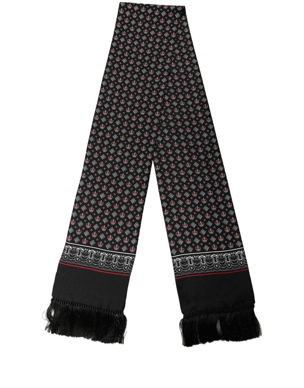 Dolce & Gabbana Black Silk Crown Fringed Neck Shawl Scarf
