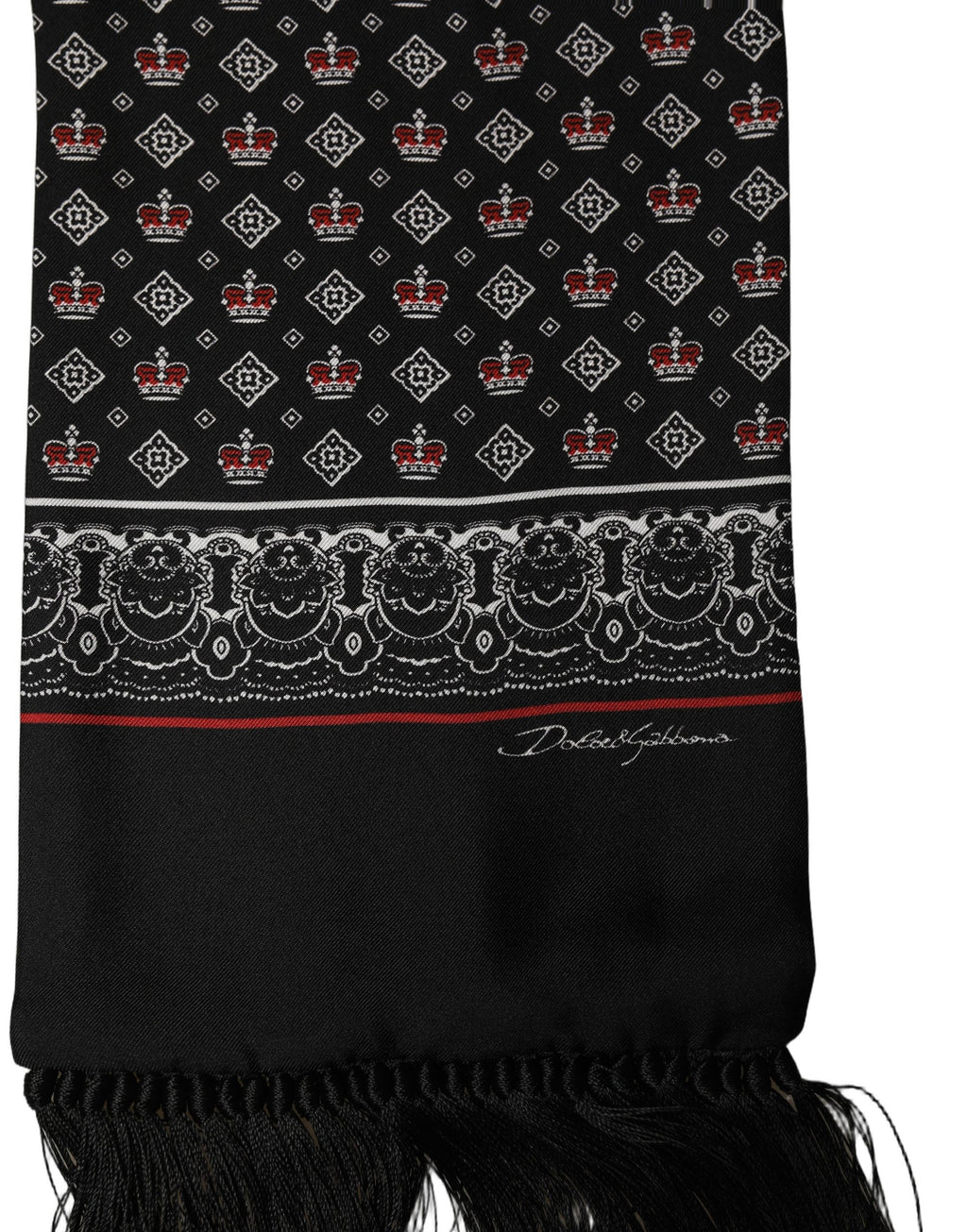 Dolce & Gabbana Black Silk Crown Fringed Neck Shawl Scarf