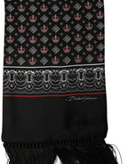 Dolce & Gabbana Black Silk Crown Fringed Neck Shawl Scarf