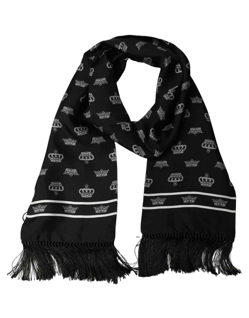 Dolce & Gabbana Black Silk Crown Fringed Neck Shawl Scarf