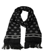 Dolce & Gabbana Black Silk Crown Fringed Neck Shawl Scarf
