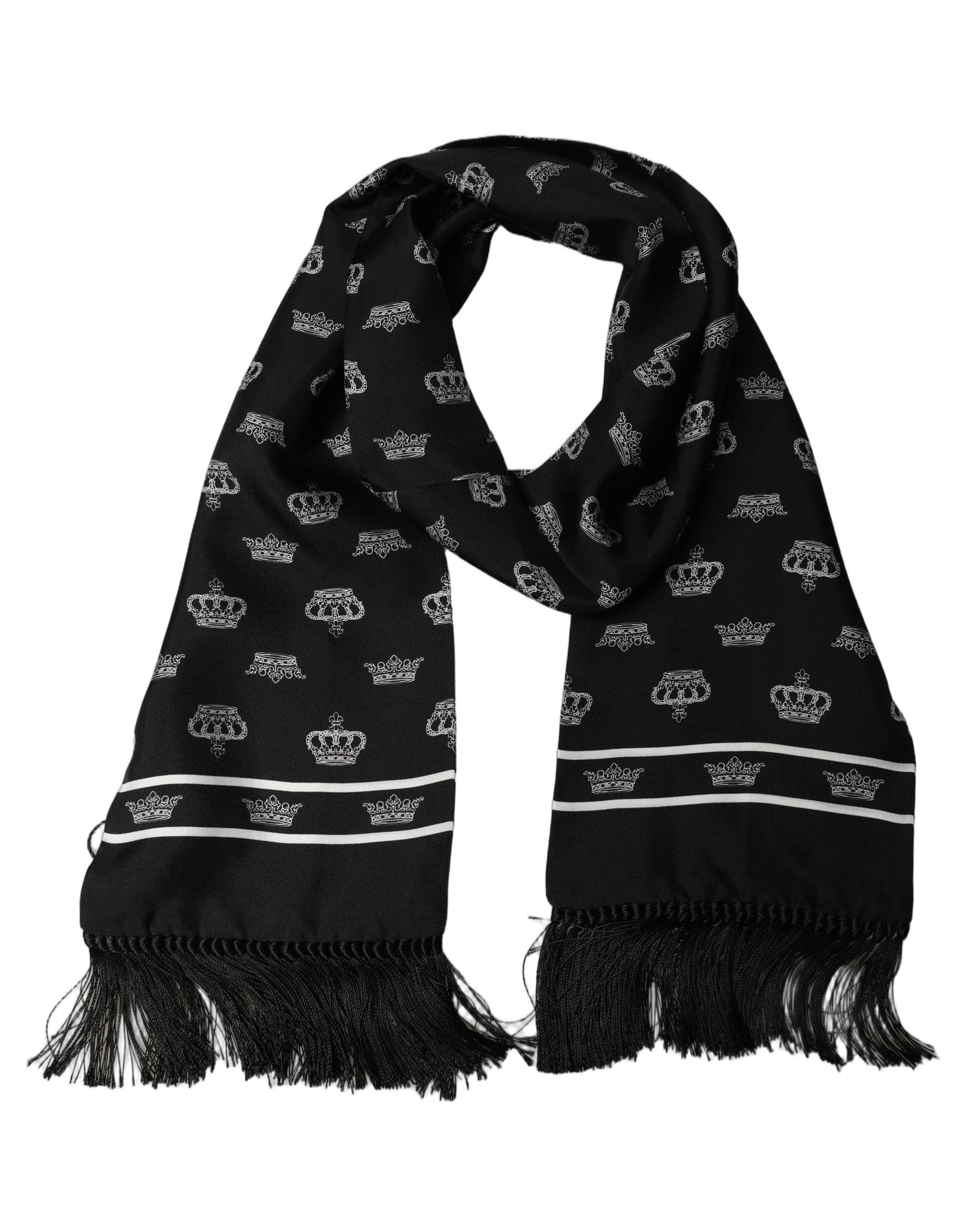 Dolce & Gabbana Black Silk Crown Fringed Neck Shawl Scarf