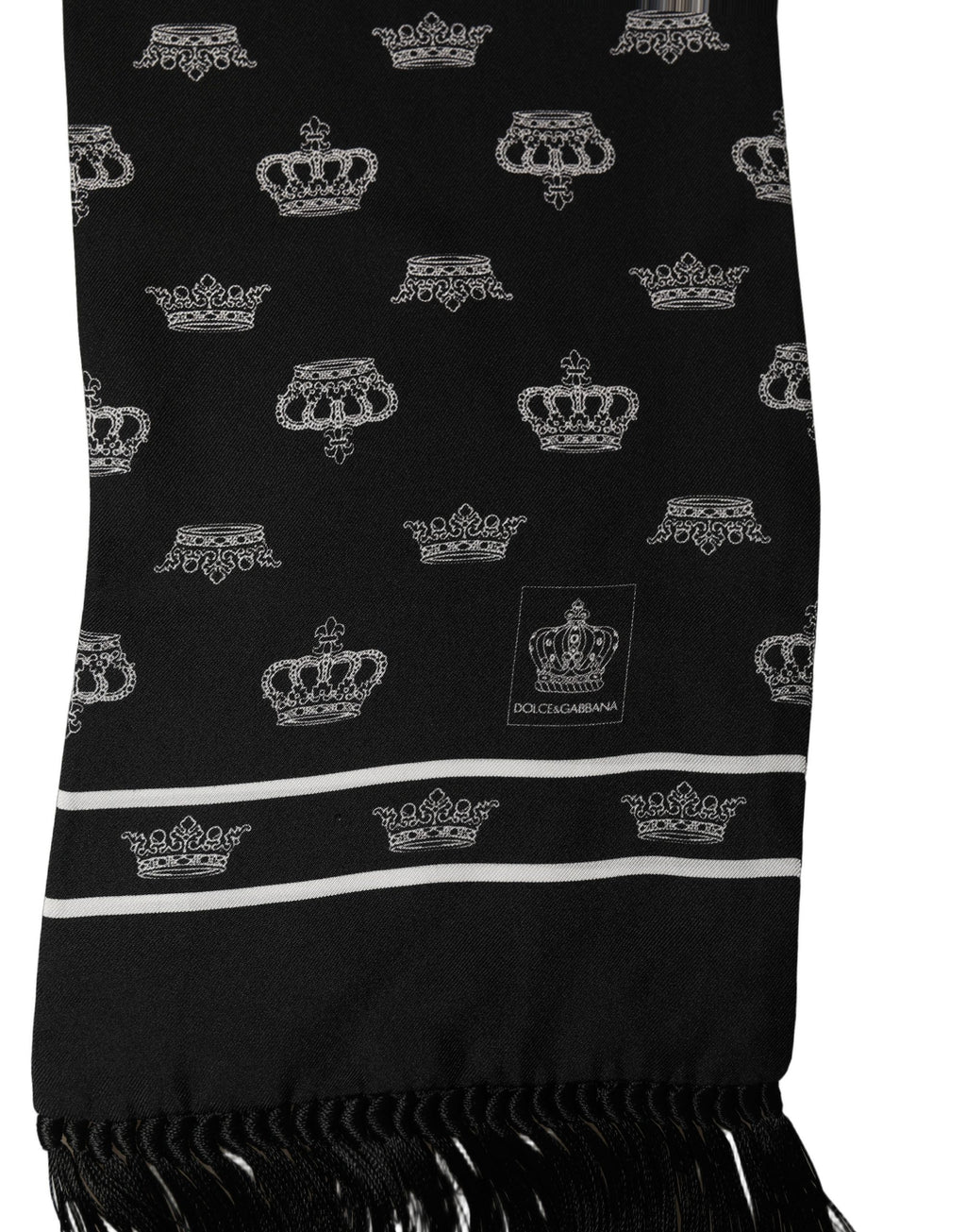 Dolce & Gabbana Black Silk Crown Fringed Neck Shawl Scarf